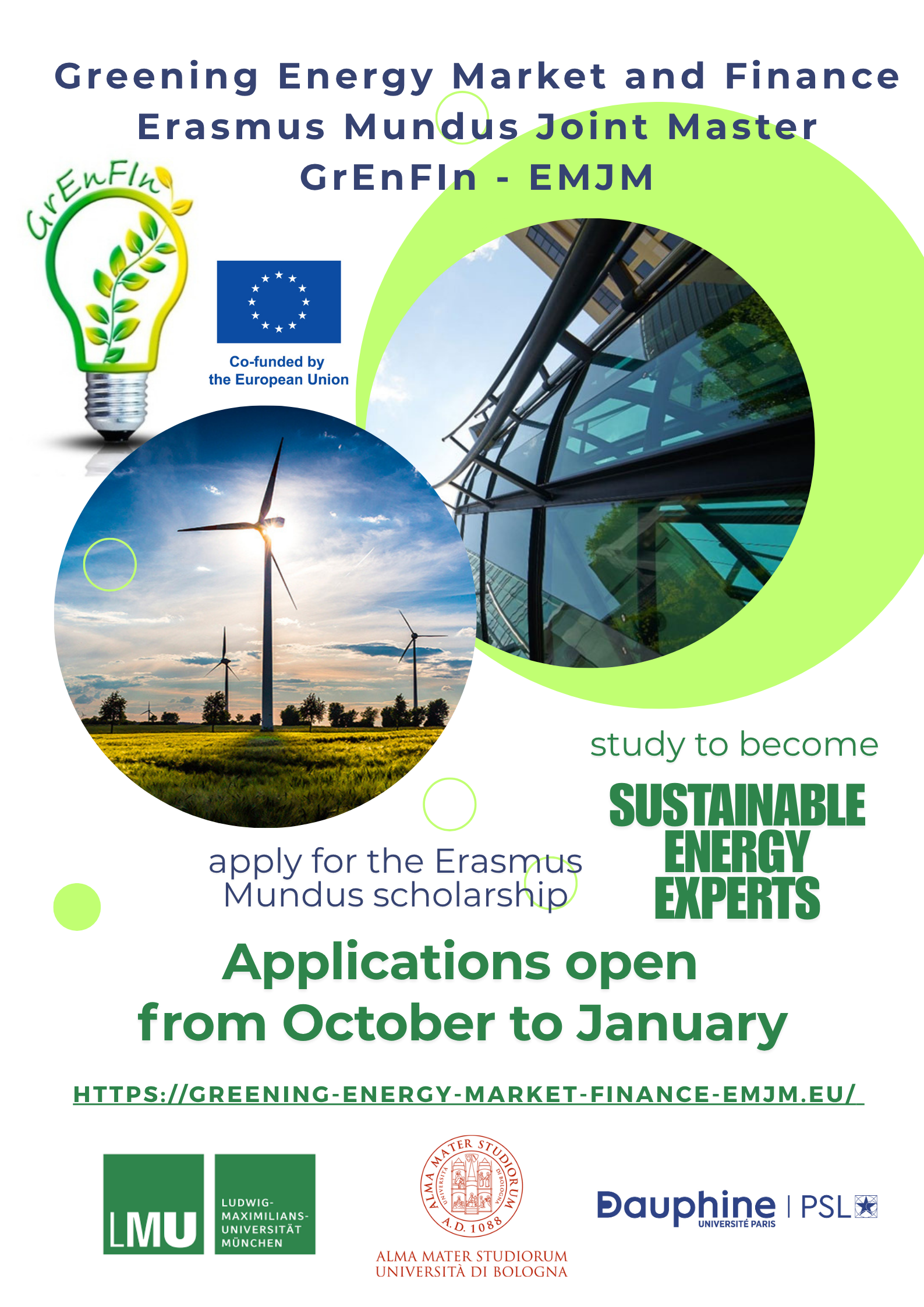 GrEnFIn-EMJM 2026 poster — applications open from October to January, apply for the Erasmus Mundus scholarship